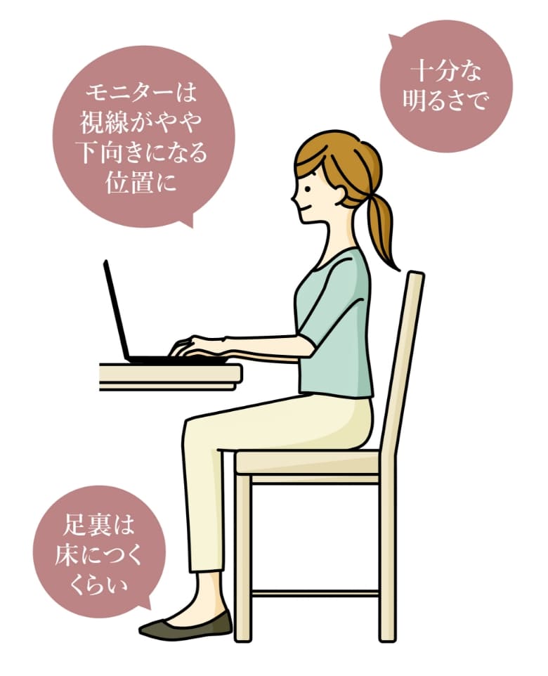 十分な明るさで モニターは視線がやや下向きになる位置に 足裏は床につくくらい