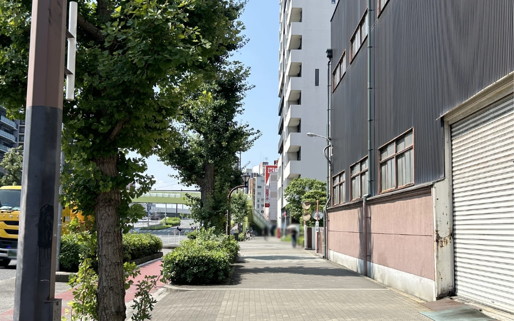 緑の歩道橋が見える道順