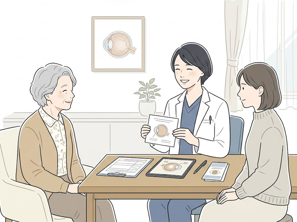 医師が患者様とご家族に診察内容を説明しているイラスト