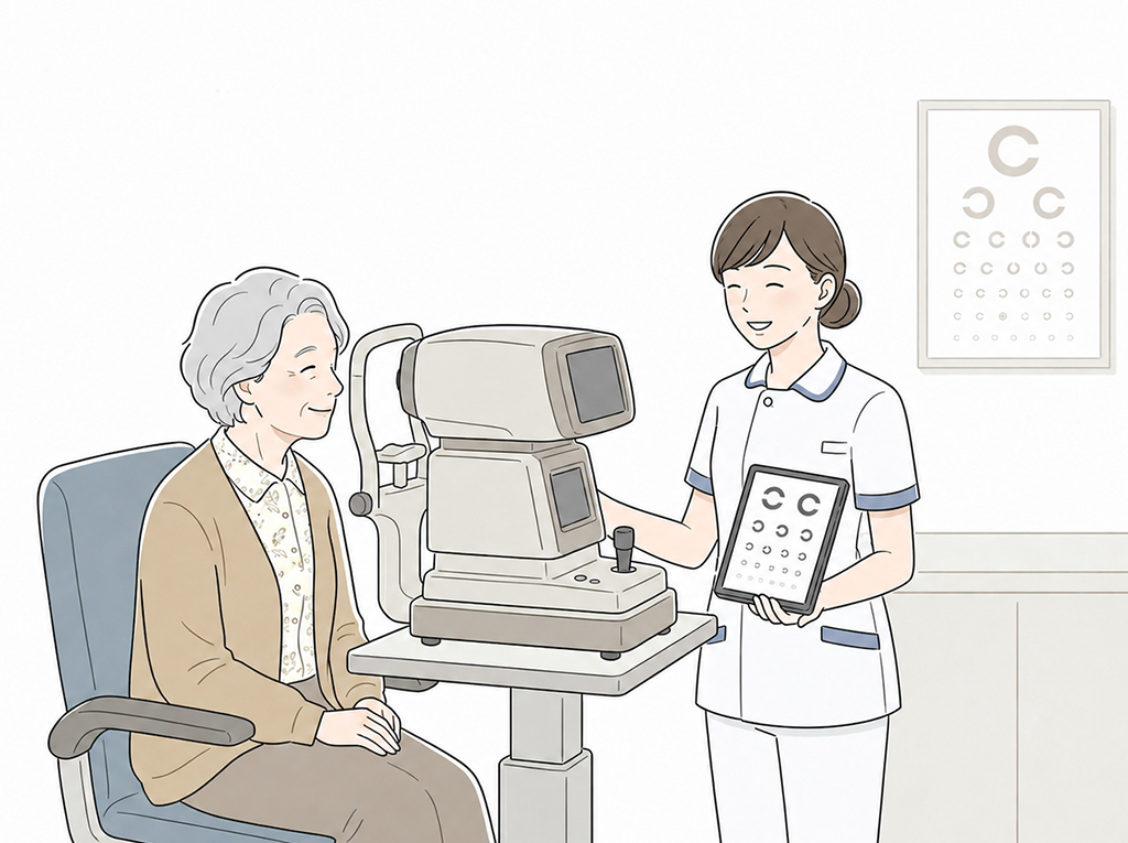 眼科検査機器で検査を受ける患者様のイラスト