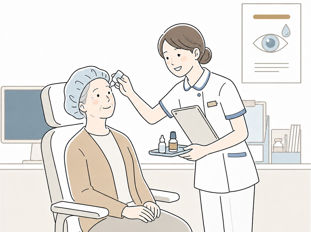 手術前点眼と準備を行う患者様のイラスト