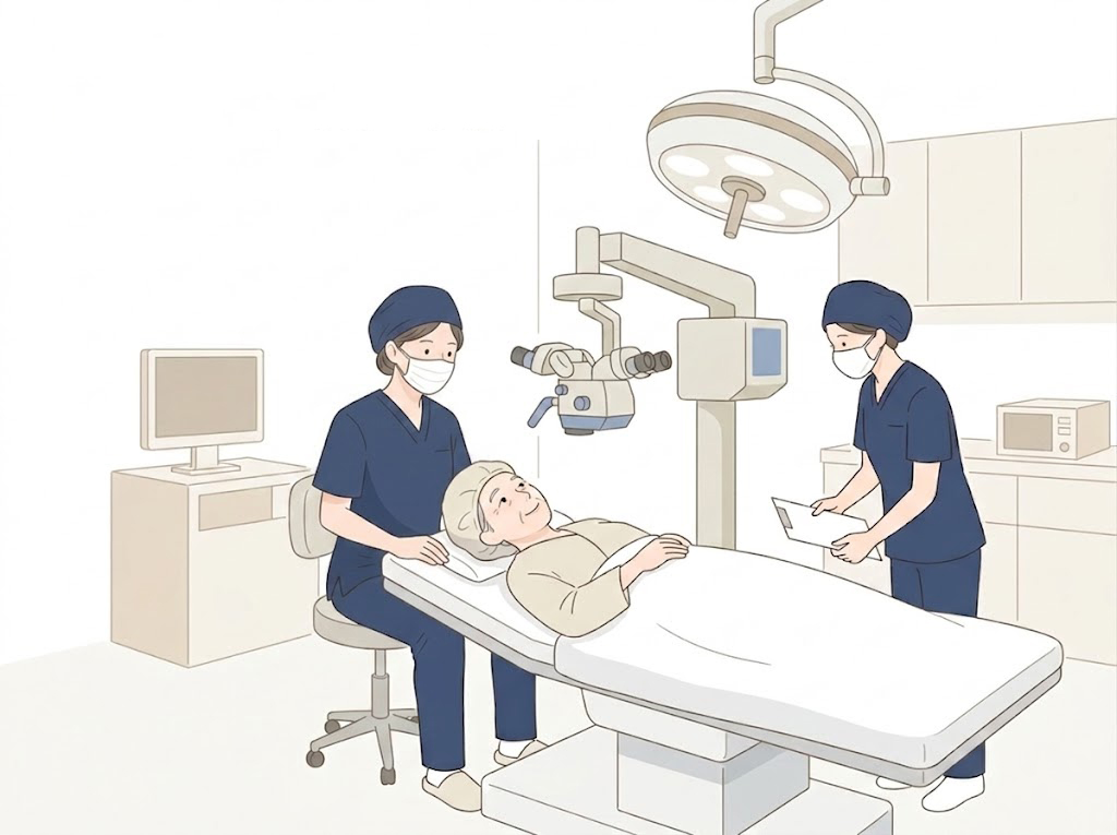 手術室で白内障手術を受ける患者様のイラスト