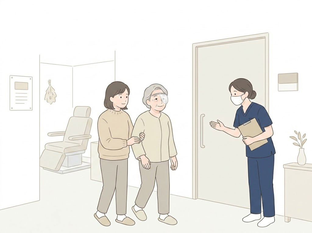 術後に休憩しご帰宅案内を受ける患者様のイラスト