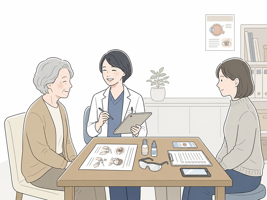 術後の生活と経過観察について説明を受ける患者様とご家族のイラスト