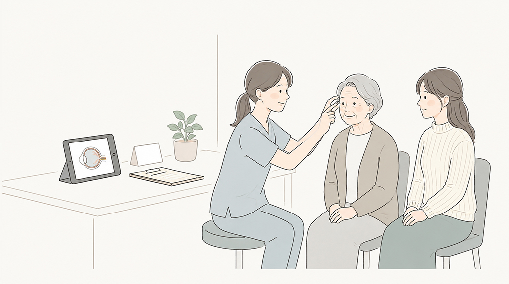 医師が患者様の目元を診察し、ご家族がそばで見守るイラスト