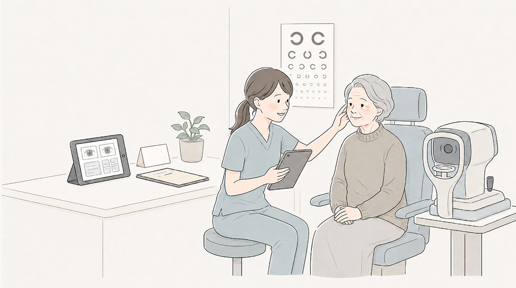 眼科検査機器の横で患者様の目の状態を確認するスタッフのイラスト
