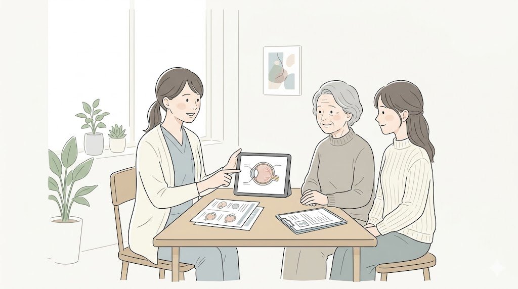 医師がタブレットと資料を使い、患者様とご家族に手術内容を説明しているイラスト