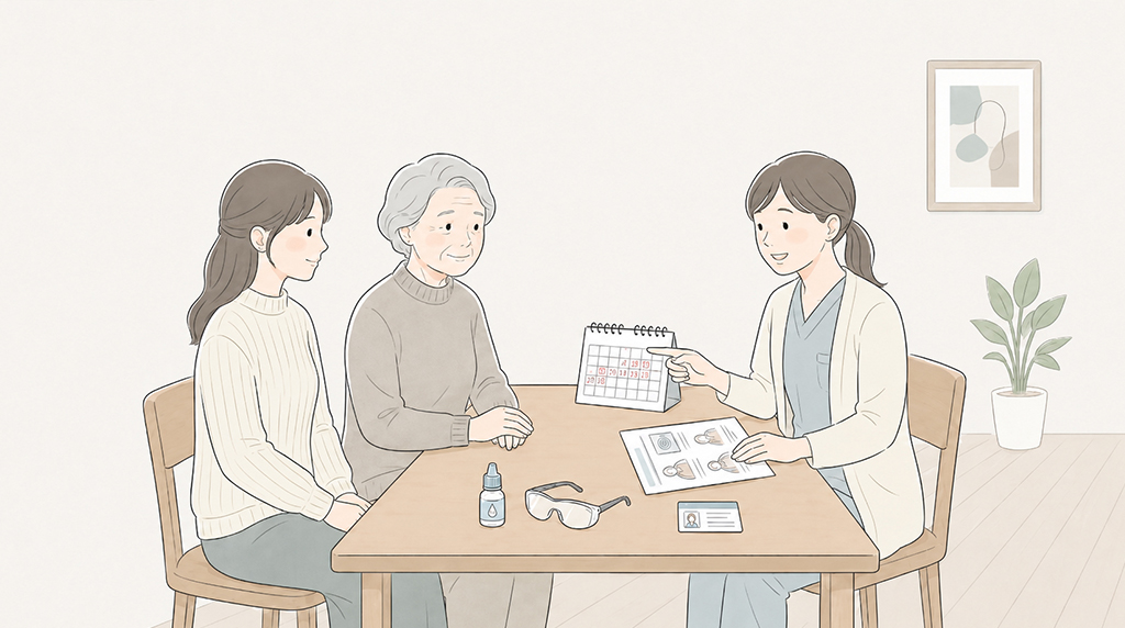 医療スタッフがカレンダーや資料を使い、患者様とご家族に術後の説明をしているイラスト