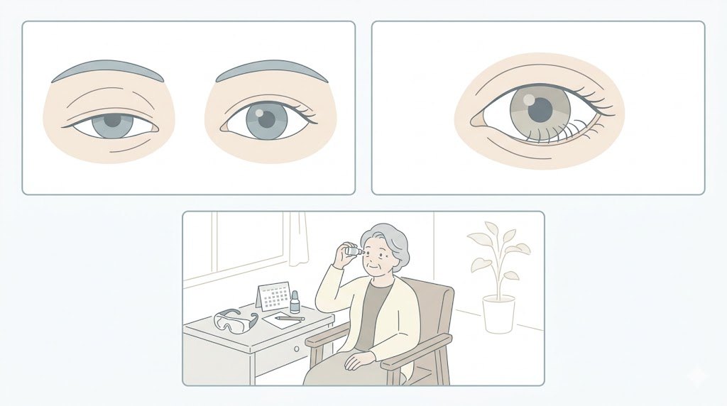 まぶたの下垂・内反などの症状例と、点眼など術後ケアの様子を示すイラスト